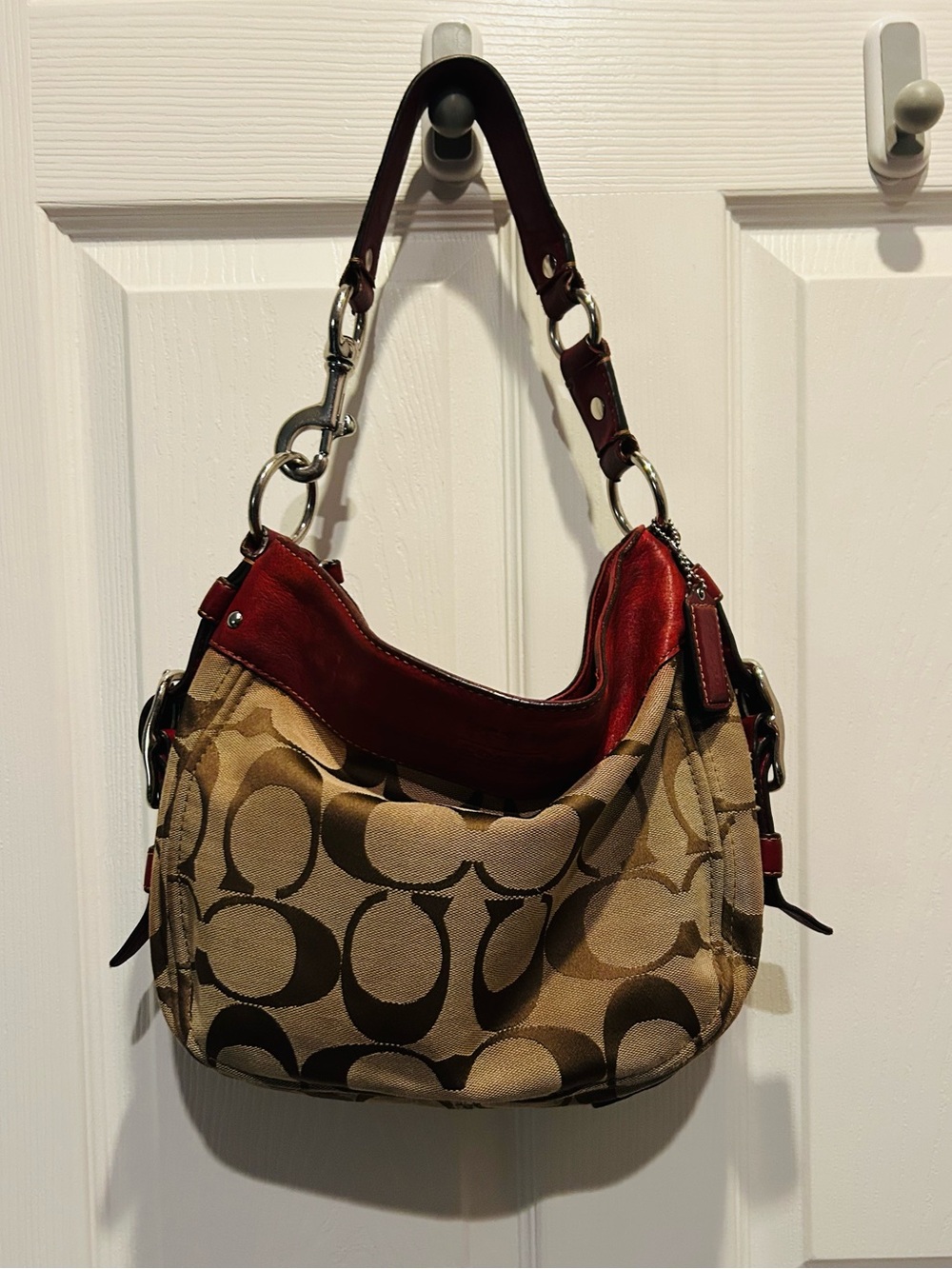 Coach Zoe Signature Canvas Hobo with Red Leather Accents